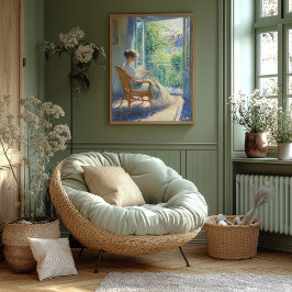 Vrouw in door zonlicht overgoten kamer met balkon poster