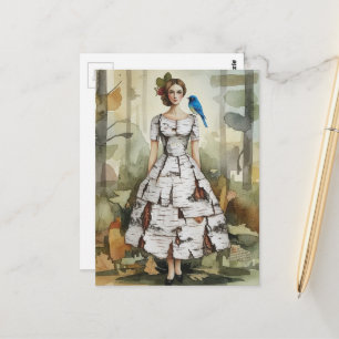 Vrouw in een berkenbastjurk Modecollage Briefkaart