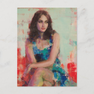 Vrouw in een blauwe jurk briefkaart