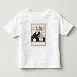 Vrouw in een boekwinkel, ontwerp voor een 'Gele Bo Kinder Shirts