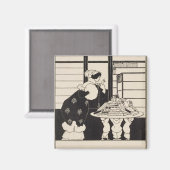 Vrouw in een boekwinkel, ontwerp voor een 'Gele Bo Magneet (Voorkant / Achterkant)