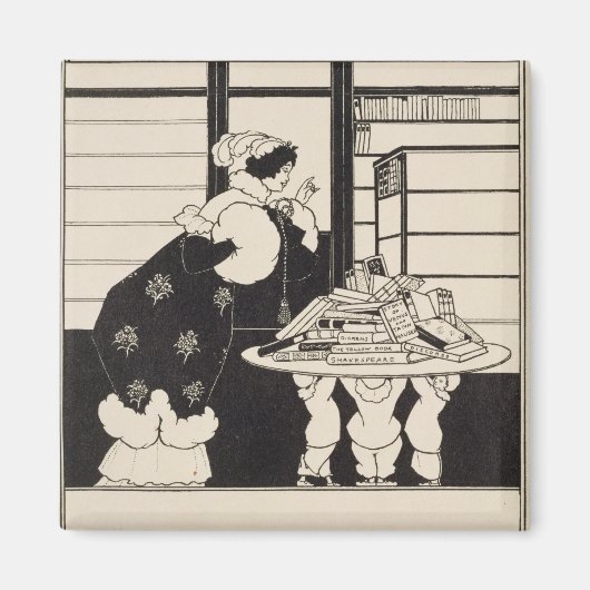 Vrouw in een boekwinkel, ontwerp voor een 'Gele Bo Magneet (Voorkant)