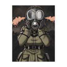 Vrouw in een Briefkaart met een gasmasker