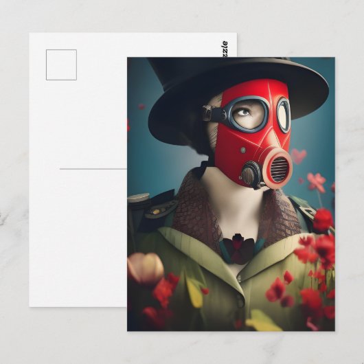 Vrouw in een Briefkaart met een rood gasmasker (Voorkant / Achterkant)