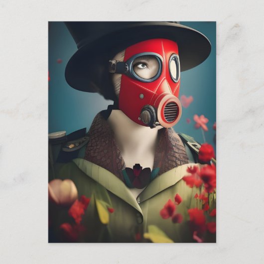 Vrouw in een Briefkaart met een rood gasmasker (Voorkant)