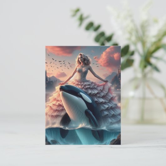 Vrouw in een Fancy roze jurk Killer Whale Ride Briefkaart (Staand voorkant)