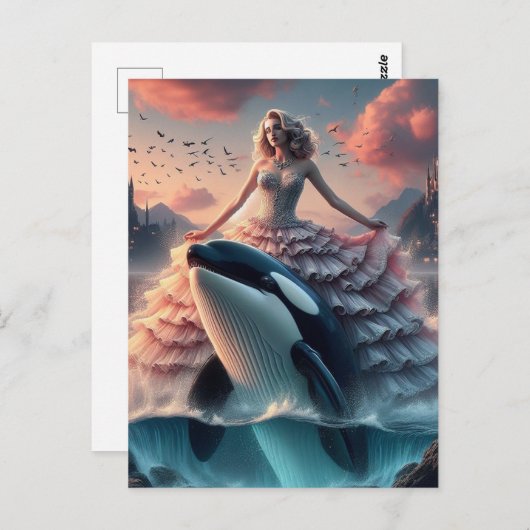 Vrouw in een Fancy roze jurk Killer Whale Ride Briefkaart (Voorkant / Achterkant)