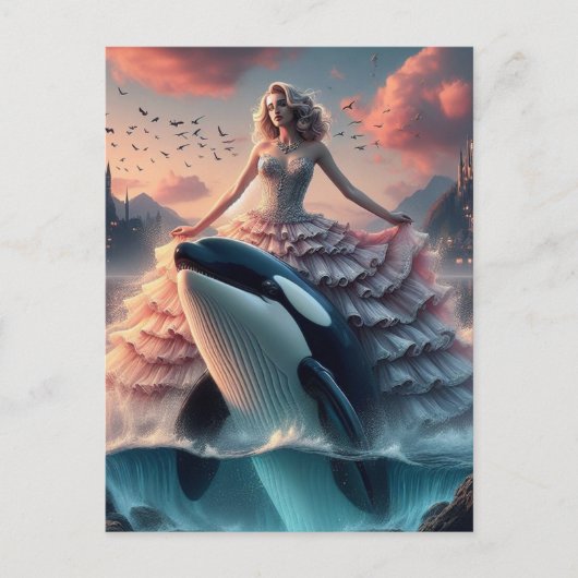 Vrouw in een Fancy roze jurk Killer Whale Ride Briefkaart (Voorkant)