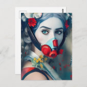Vrouw in een gasmasker en Briefkaart Bloemen (Voorkant / Achterkant)