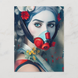 Vrouw in een gasmasker en Briefkaart Bloemen