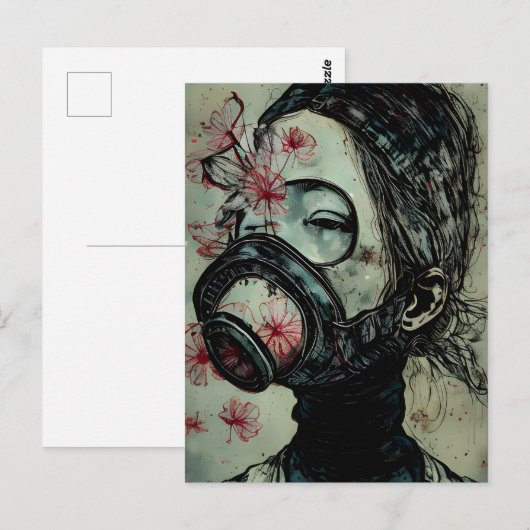 Vrouw in een gasmasker met bloemen briefkaart (Voorkant / Achterkant)