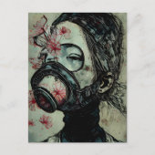 Vrouw in een gasmasker met bloemen briefkaart (Voorkant)