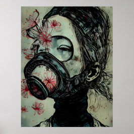 Vrouw in een gasmasker met bloemen poster