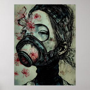 Vrouw in een gasmasker met bloemen poster