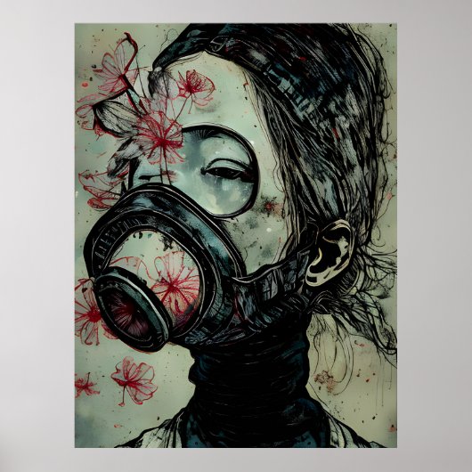 Vrouw in een gasmasker met bloemen poster (Voorkant)
