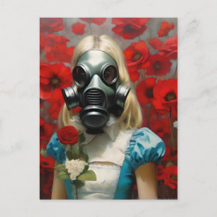Vrouw in een Gasmasker Rode Bloemen Briefkaart