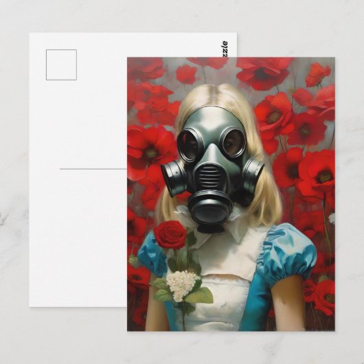 Vrouw in een Gasmasker Rode Bloemen Briefkaart (Voorkant / Achterkant)