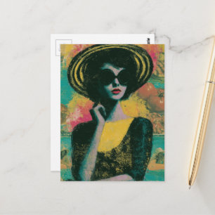 Vrouw in een gestreepte zonnehoed Zomerpret Briefkaart