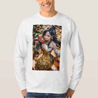 Vrouw in een gouden jurk met een rode roos aan de 