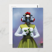 Vrouw in een groene en witte jurk en een gasmasker briefkaart (Voorkant / Achterkant)