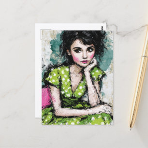 Vrouw in een groene en witte stippenjurk briefkaart
