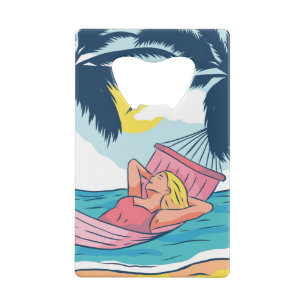 Vrouw in een Hammock bij Beach Creditkaart Flessenopener