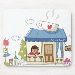 Vrouw in een koffiewinkel muismat
