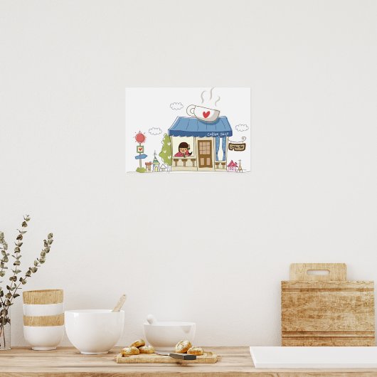 Vrouw in een koffiewinkel poster (Keuken)