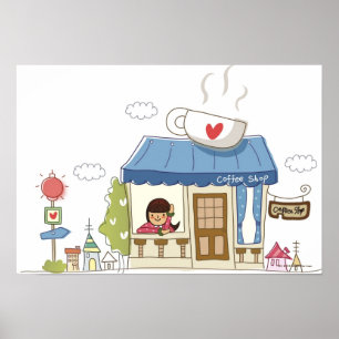 Vrouw in een koffiewinkel poster