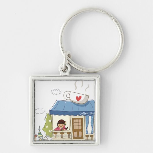 Vrouw in een koffiewinkel sleutelhanger (Voorkant)