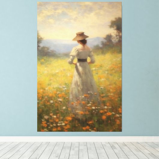 Vrouw in een levendige Wildflower Meadow Olieverfs Canvas Afdruk (Insitu (Houten vloer))