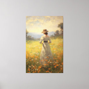 Vrouw in een levendige Wildflower Meadow Olieverfs Canvas Afdruk
