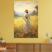 Vrouw in een levendige Wildflower Meadow Olieverfs Canvas Afdruk (Insitu (Woonkamer))