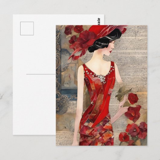 Vrouw in een rode jurk Mixed Media Briefkaart (Voorkant / Achterkant)