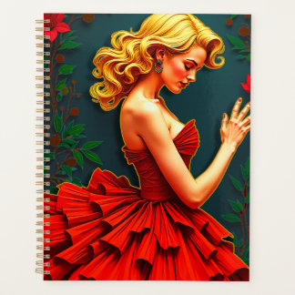 Vrouw in een rode jurk planner