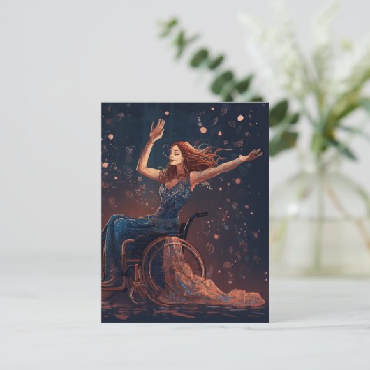 Vrouw in een rolstoel danst vrolijk briefkaart (Staand voorkant)