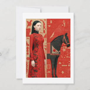 Vrouw in een rood bloemige jurk & zwart paard