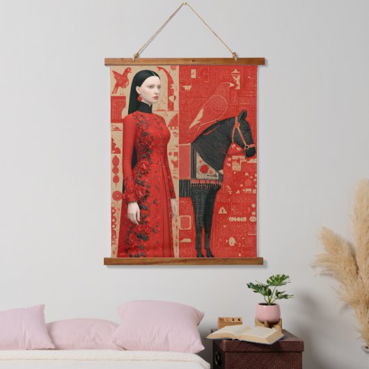 Vrouw in een rood bloemige jurk & zwart paard hangend wandkleed (Slaapkamer)