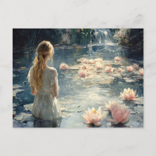 Vrouw in een serene vijver Bloeiende waterlelies Briefkaart