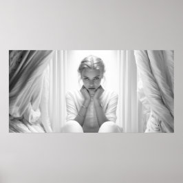 Vrouw in een studio met gezicht in haar handen B&W Poster