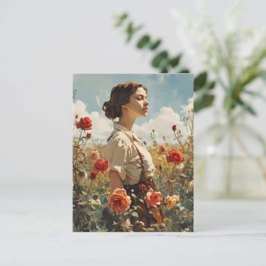 Vrouw in een veld van rozen  briefkaart (Staand voorkant)