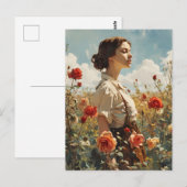 Vrouw in een veld van rozen briefkaart (Voorkant / Achterkant)
