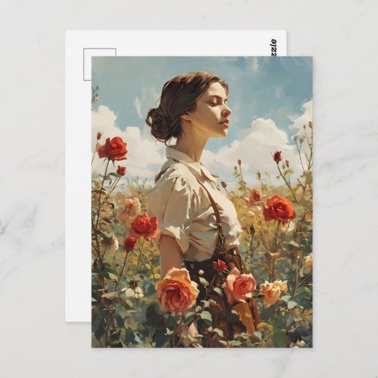 Vrouw in een veld van rozen briefkaart (Voorkant / Achterkant)