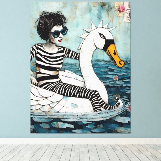 Vrouw in een Zebra Gestreepte Outfit Drijvend op e Canvas Afdruk (Insitu (Houten vloer))