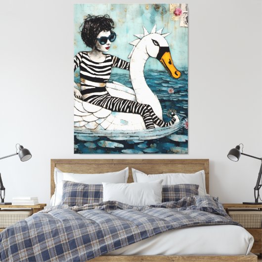 Vrouw in een Zebra Gestreepte Outfit Drijvend op e Canvas Afdruk (Insitu (Slaapkamer))