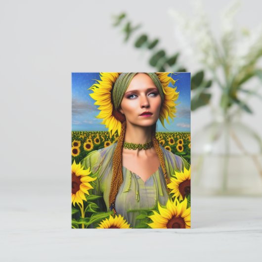 Vrouw in een zonnebloem briefkaart (Staand voorkant)