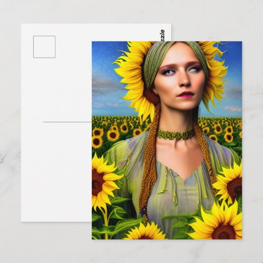 Vrouw in een zonnebloem briefkaart (Voorkant / Achterkant)