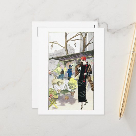 Vrouw in een zwarte fluwelen jurk (1924) feestdagenkaart (Voorkant / Achterkant in situ)