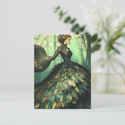 Vrouw in een zwarte visjurk Mode Fantasy Briefkaart (Staand voorkant)