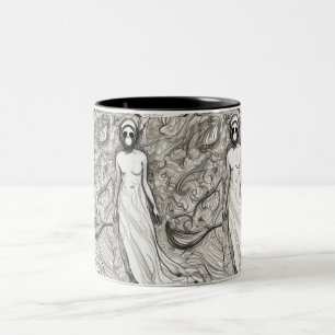 Vrouw in gasmasker tweekleurige koffiemok